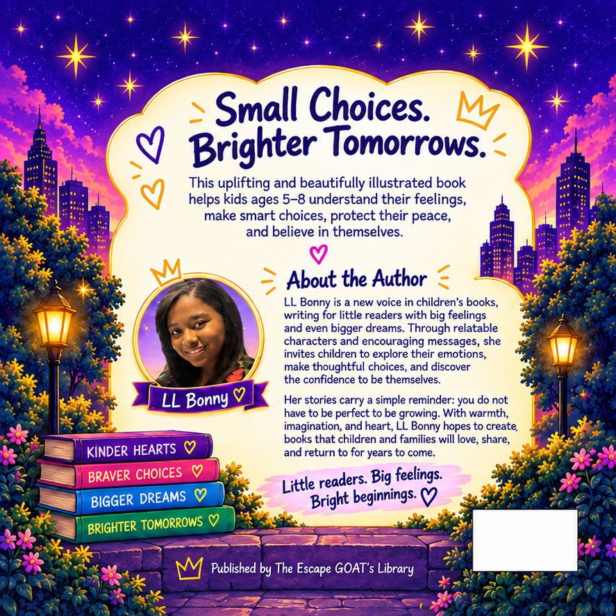 Approved back cover with LL Bonny’s author photograph and biography, a cream storybook panel, colorful books, lanterns, and a purple city garden.