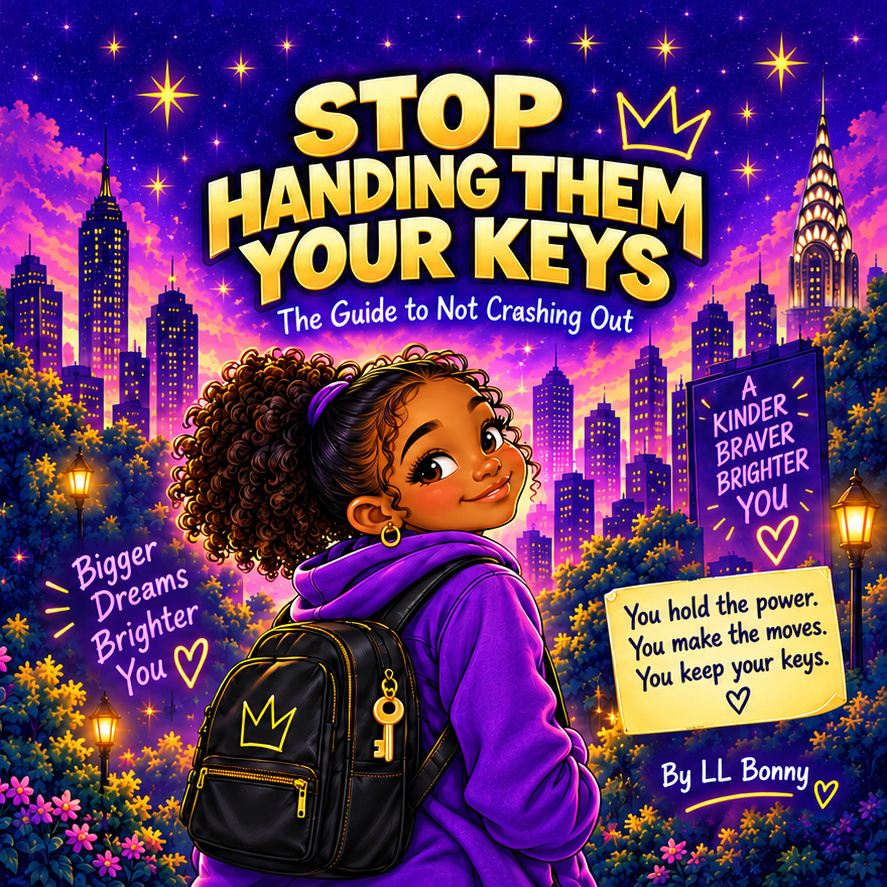 Front cover of Stop Handing Them Your Keys: The Guide to Not Crashing Out, by LL Bonny; Liana with her purple hoodie and backpack against a glowing New York skyline featuring the Chrysler Building.