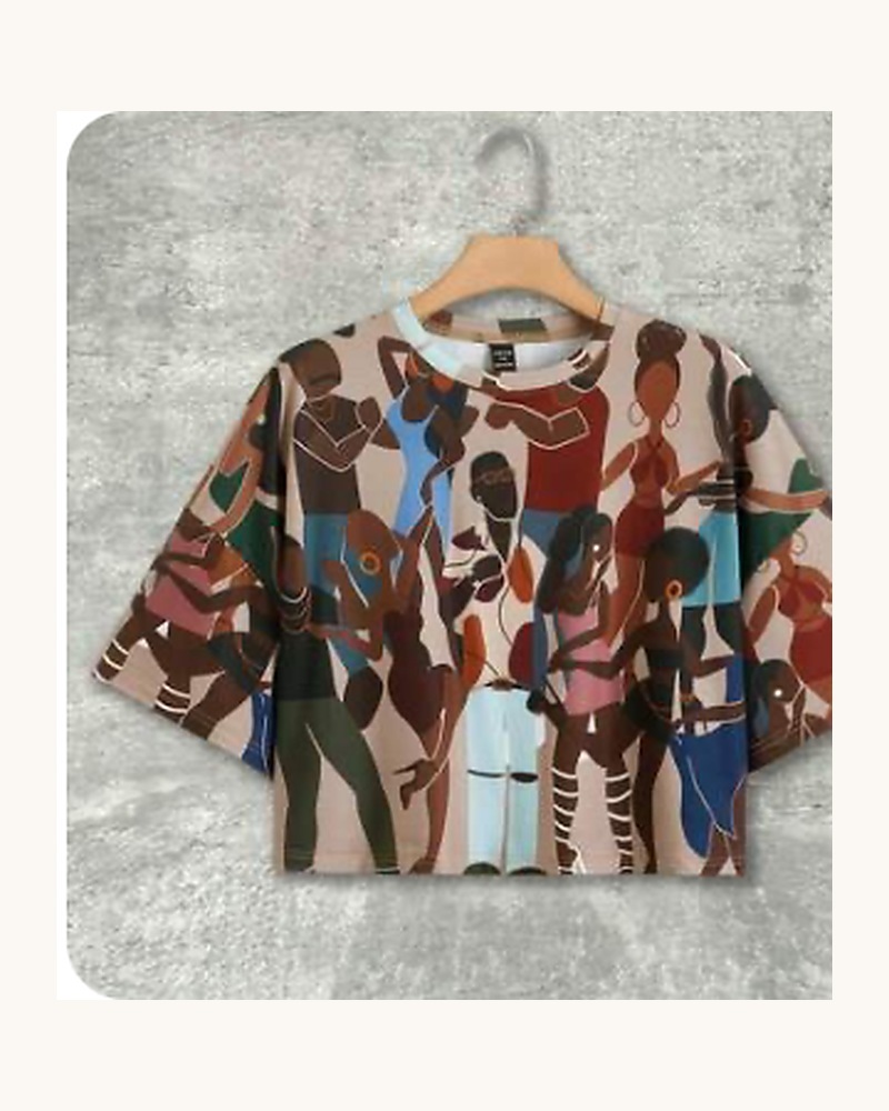 Cropped T-shirt with an illustrated group of women.
